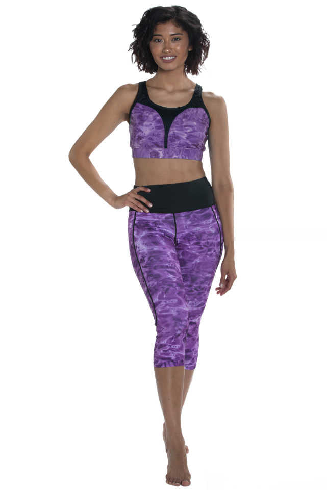 Aqua Design Womens Workout High Waist Capri Swim Leggings, UPF 50+, Liquid Purple/Black