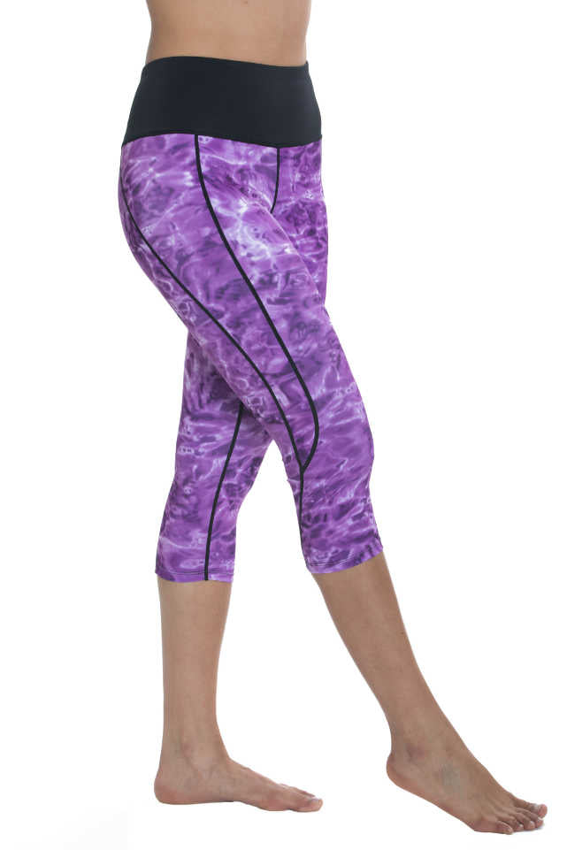 Aqua Design Womens Workout High Waist Capri Swim Leggings, UPF 50+, Liquid Purple/Black