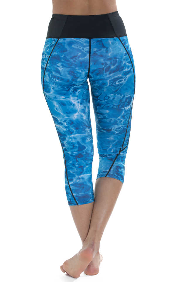 Aqua Design Womens Wokout High Waist Capri Swim Leggings, UPF 50+, Royal Ripple/Black