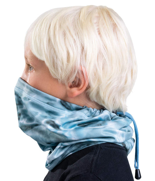 Kids Adjustable Drawstring Micro-Fleece Face Mask UPF 50+ | Aqua Design: Aqua Sky