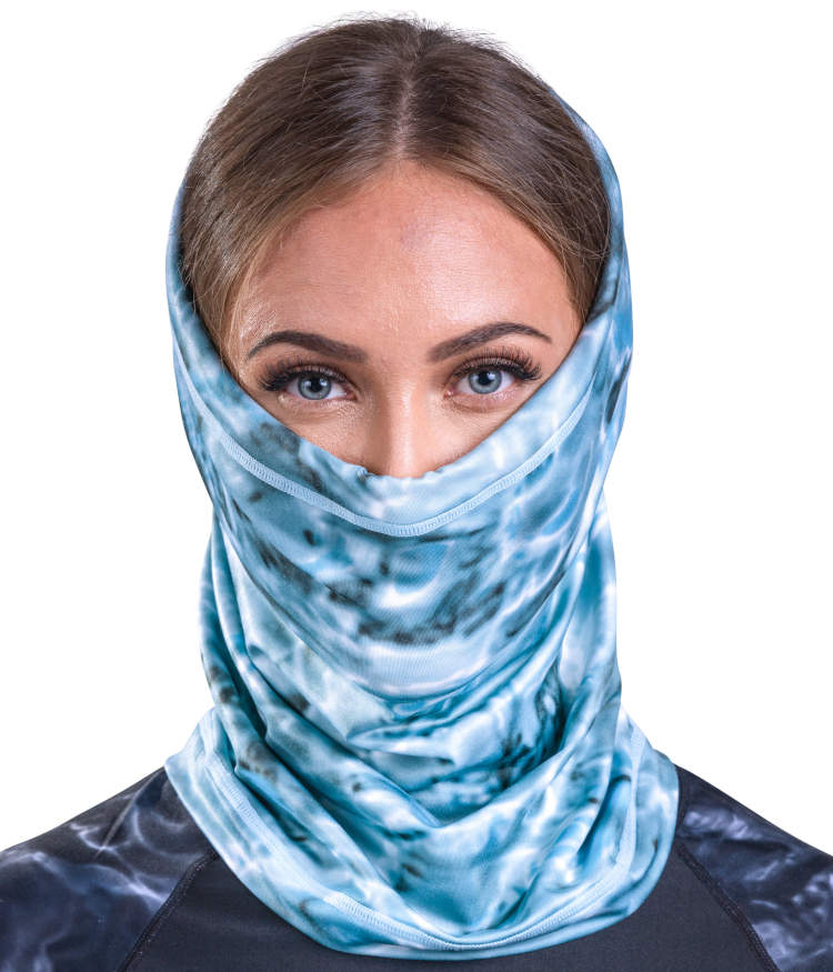 Aqua Design Womens Adjustable Drawstring Microfleece Face Mask, UPF 50+, Aqua Sky