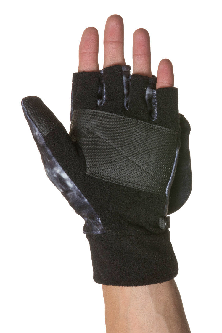 Aqua Design Mens Camo Polar Fleece Fingerless Glove Mitten, Black Water