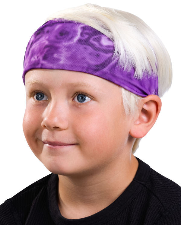 Kids Reusable Sun Protection Cloth Face Mask UPF 50+ | Aqua Design: Liquid Purple Headband