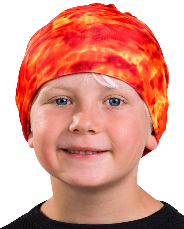 Kids Reusable Sun Protection Cloth Face Mask UPF 50+ | Aqua Design: Liquid Lava Beanie Cap
