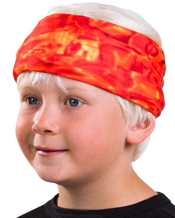 Kids Reusable Sun Protection Cloth Face Mask UPF 50+ | Aqua Design: Liquid Lava Headband