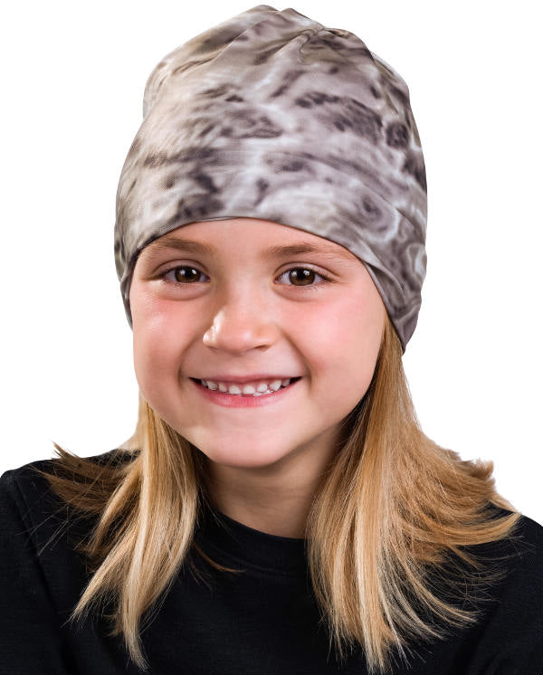 Kids Reusable Sun Protection Cloth Face Mask UPF 50+ | Aqua Design: Pacific Sand Beanie Cap