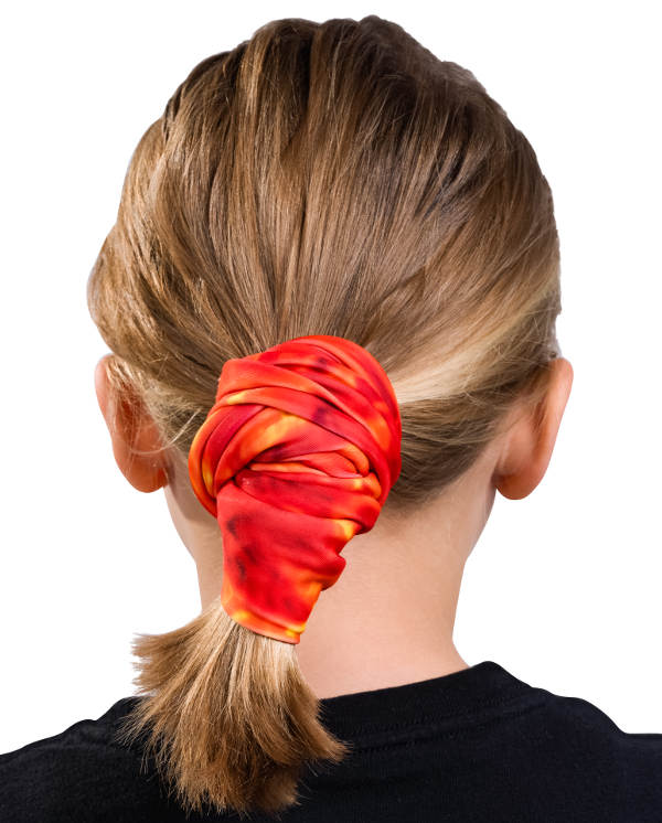 Kids Reusable Sun Protection Cloth Face Mask UPF 50+ | Aqua Design: Liquid Lava Scrunchie