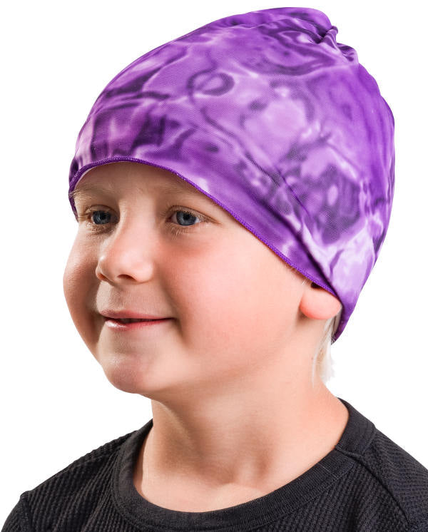 Kids Reusable Sun Protection Cloth Face Mask UPF 50+ | Aqua Design: Liquid Purple Beanie Cap
