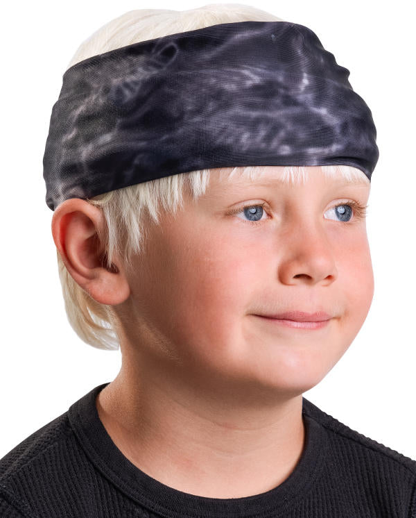 Kids Reusable Sun Protection Cloth Face Mask UPF 50+ | Aqua Design: Black Water Head Band