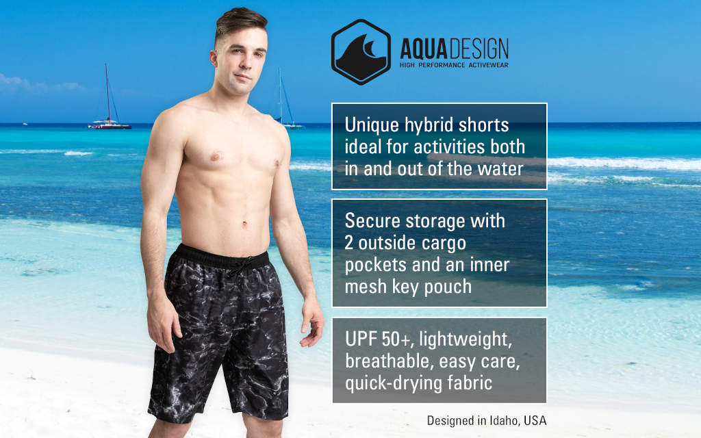 Aqua Design Mens Swim Trunks Board Shorts, Black Water