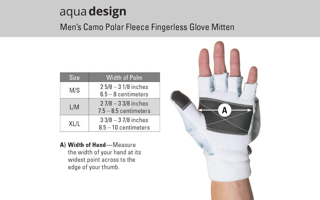 Aqua Design Mens Camo Polar Fleece Fingerless Glove Mitten, Size Chart